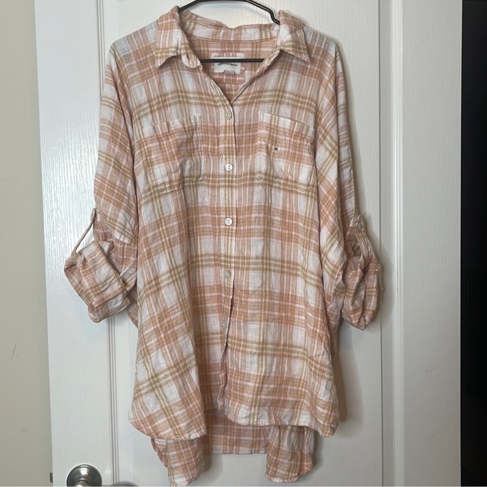 American Eagle Oversized Plaid Button Down Linen Blend Medium - Picture 2 of 14